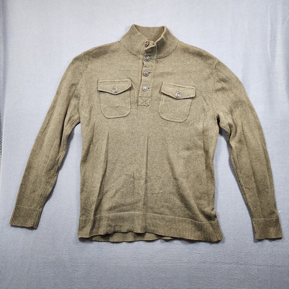 Gap Mens Sweater Large Green Henley Wool Blend Double Elbows Mock Neck Pockets